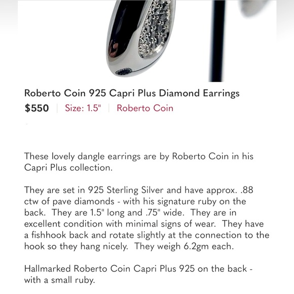 Stunning Roberto Coin 925 Capri Plus Diamond Earrings, excellent condition +Ruby - Picture 9 of 9